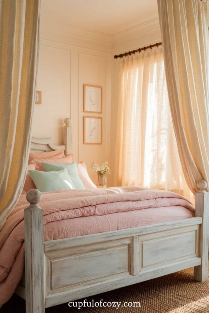 Soft Pastels and Whitewashed Wood Bedroom