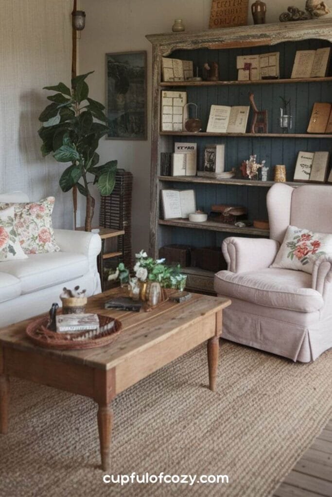 Aged Bookshelf and Muslin Curtains