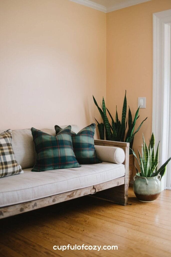 Barnwood Bench and Tartan Cushions