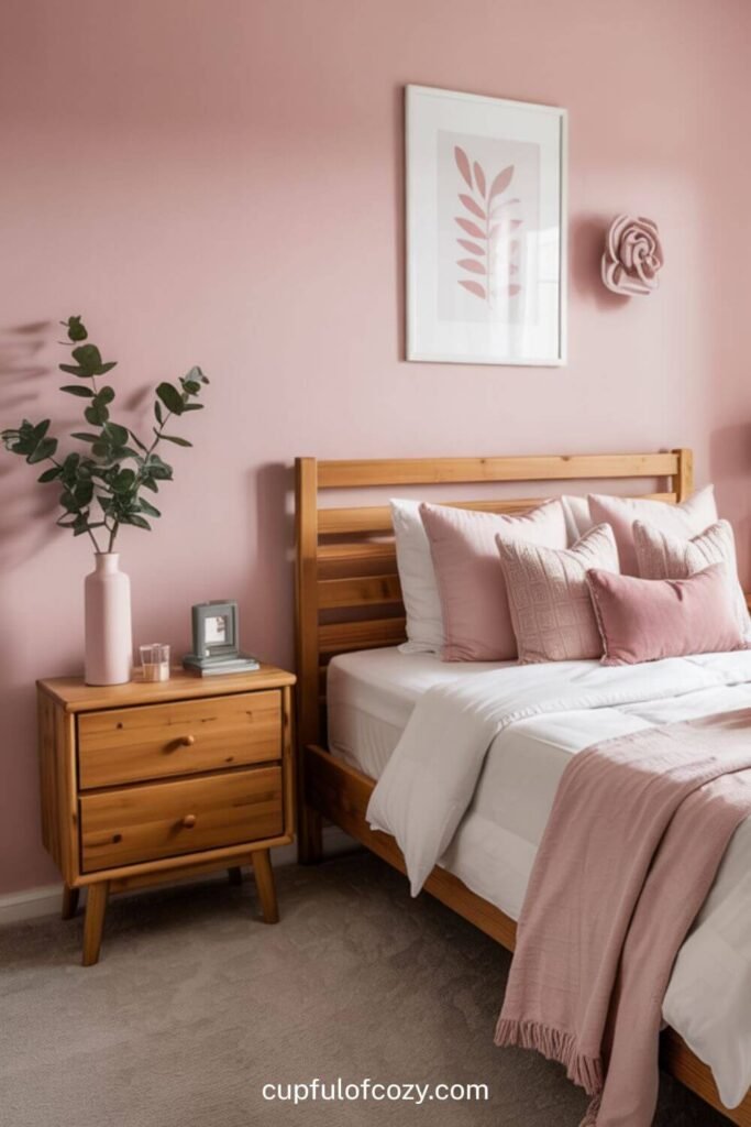Blush Pink Accent Wall with Natural Wood Furniture