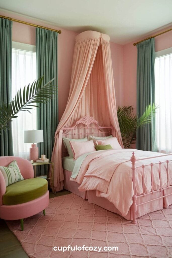 Blush and Emerald Coastal Canopy Bedroom