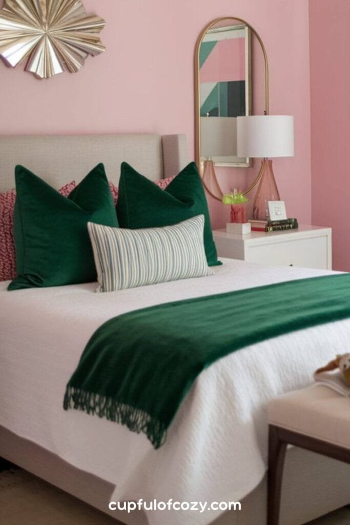 Blush and Emerald Modern Tropic Bedroom