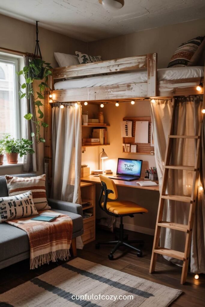 Boho Student Loft Bed With Study Zone & Chill Vibes