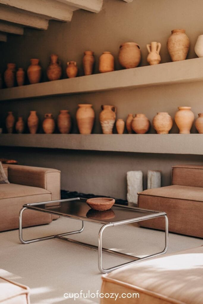 Clay Pottery Display For Earthy Living Room