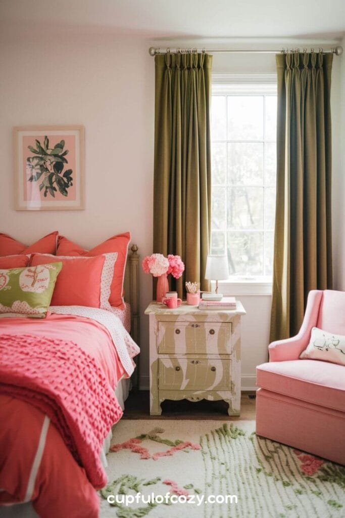 Coral and Olive Green Coastal Cottage Bedroom