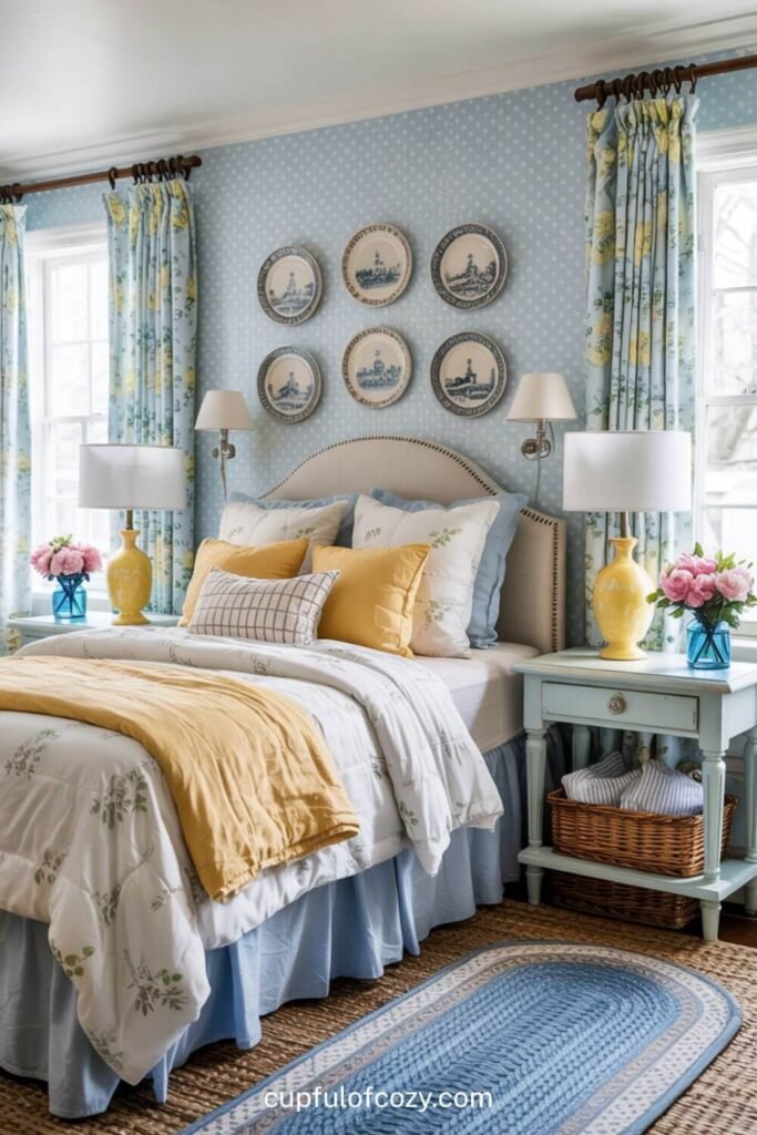 Cottage Core Light Blue and Pale Yellow Bedroom