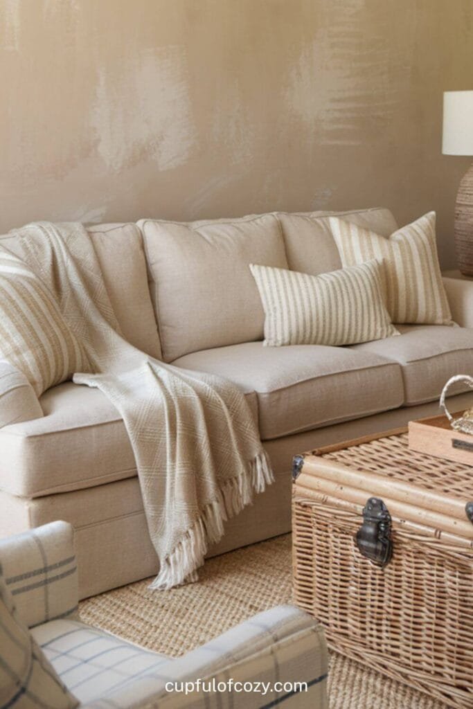 Cottage Cozy Lounge with Wicker Flair For Beige Living Room