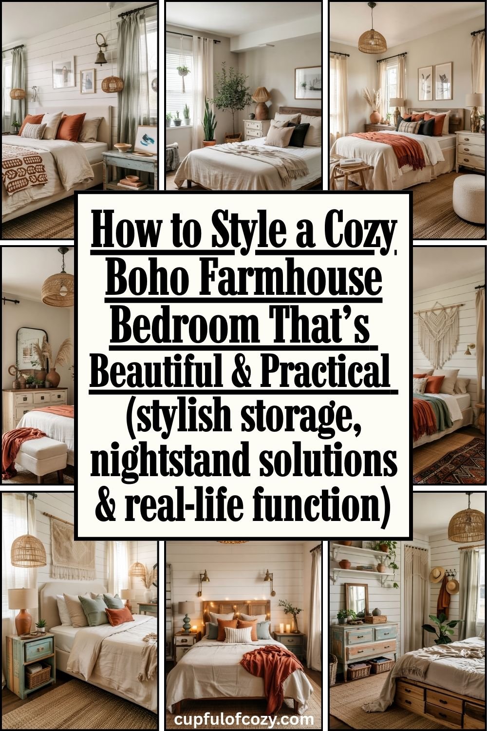 How to Style a Cozy Boho Farmhouse Bedroom That’s Both Beautiful and Practical (stylish storage, cozy lighting, nightstand solutions, and real-life function)