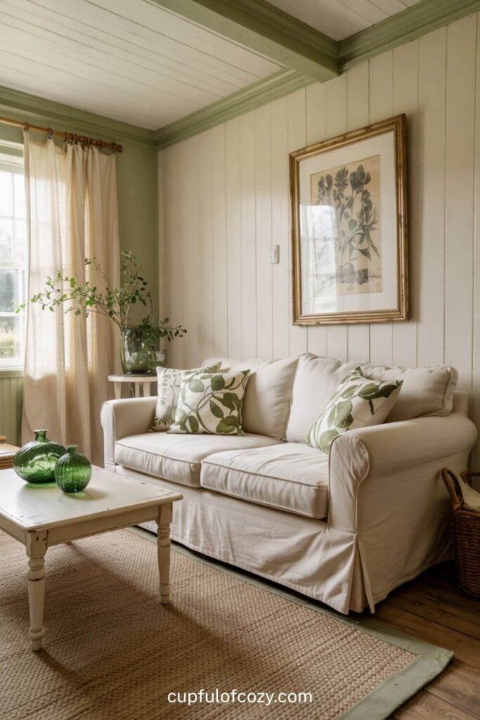 Cream Beadboard Ceiling with Sage Green Crown Molding