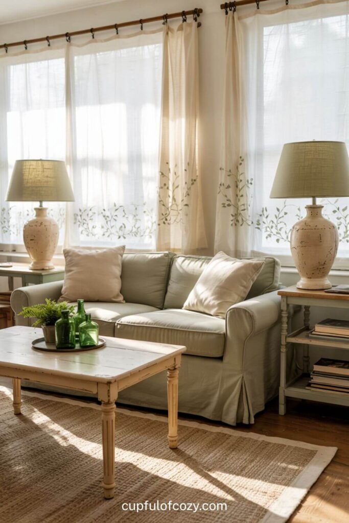 Cream Ceramic Table Lamps with Green Shades