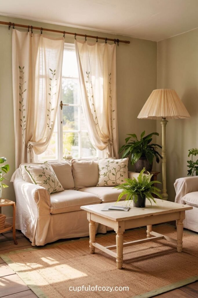 Cream Linen Curtains with Embroidered Green Vines
