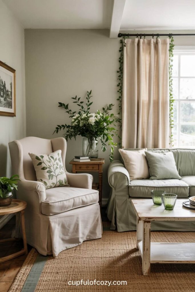 Cream Slipcover Wingback Chair with Green Botanical Cushion