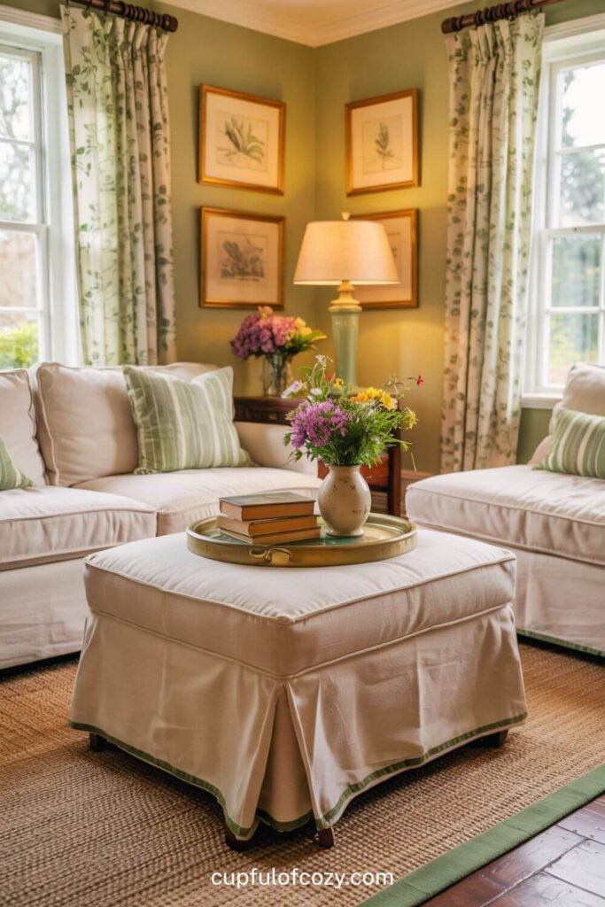 Cream Slipcovered Ottoman with Green Piping Detail