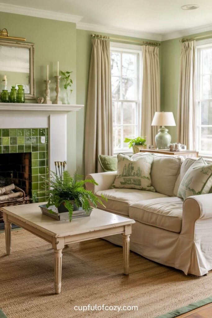 Creamy White Fireplace with Green Tile Surround