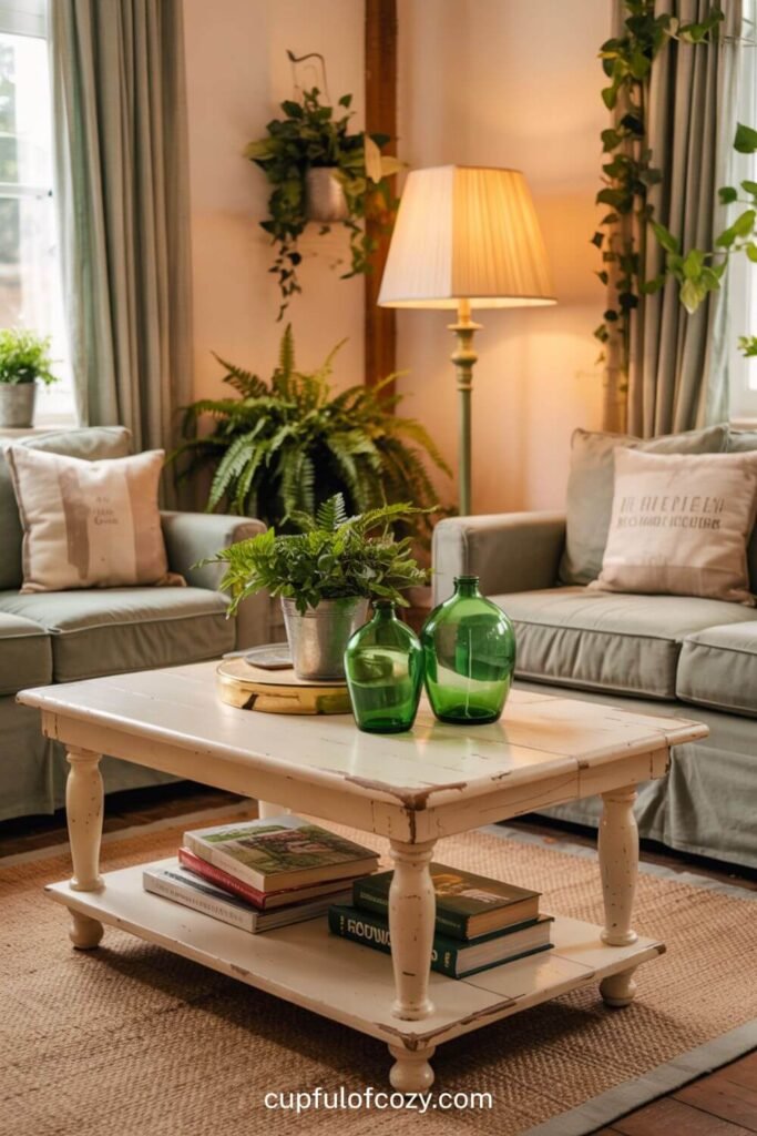 Distressed Cream Coffee Table with Green Glass Accessories