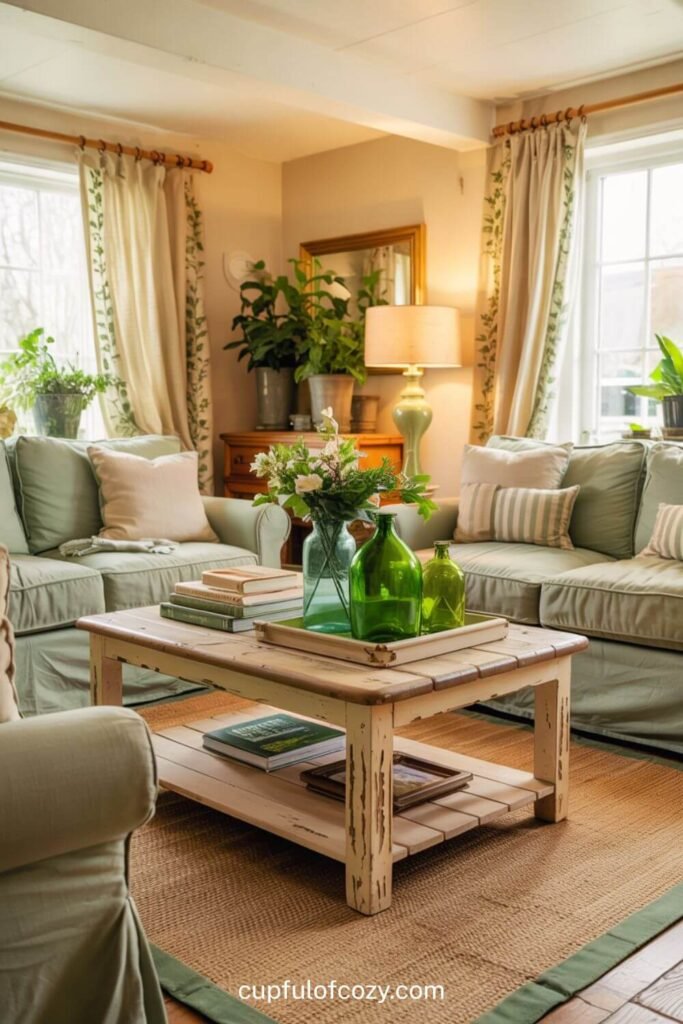 Distressed Cream Coffee Table with Green Glass Accessories