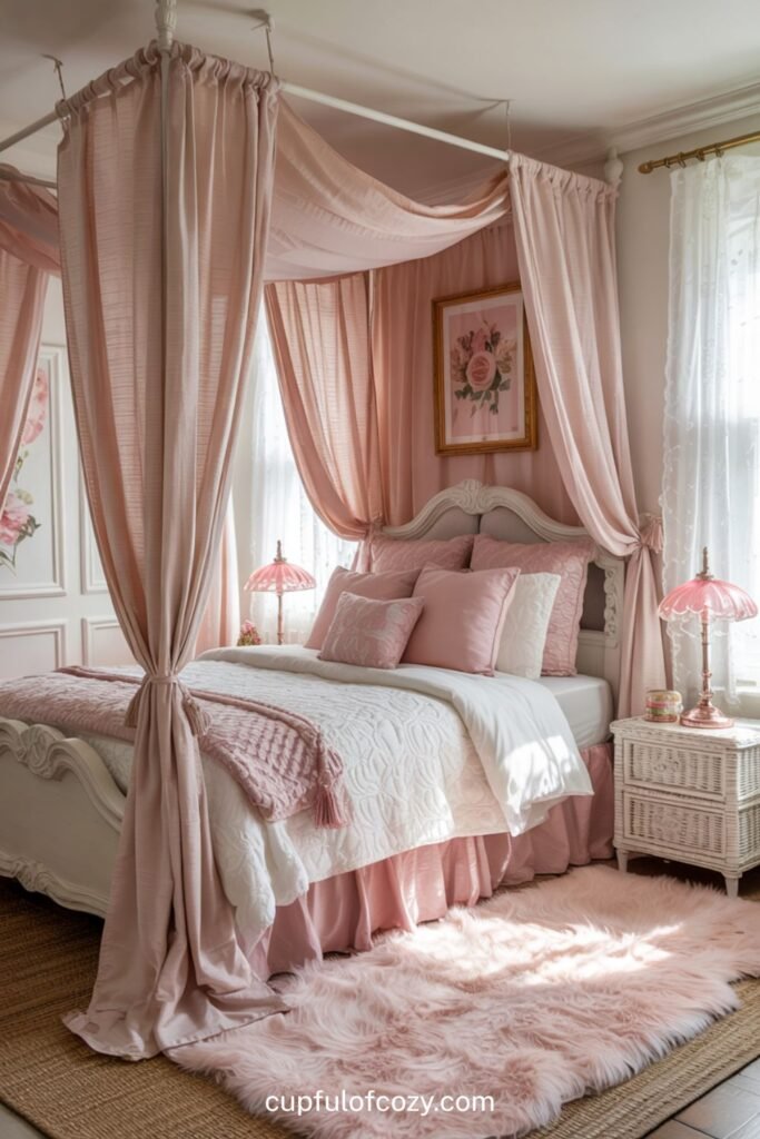 Dreamy White Canopy Bed With Pink Curtains