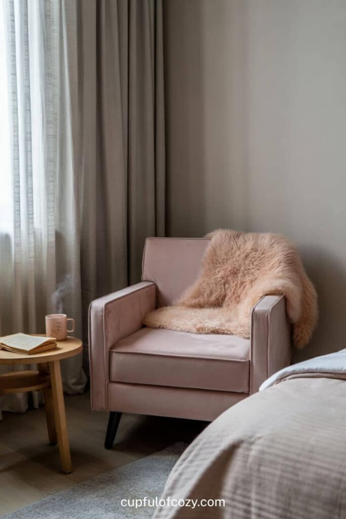 Dusty Pink Velvet Reading Chair with Sheepskin