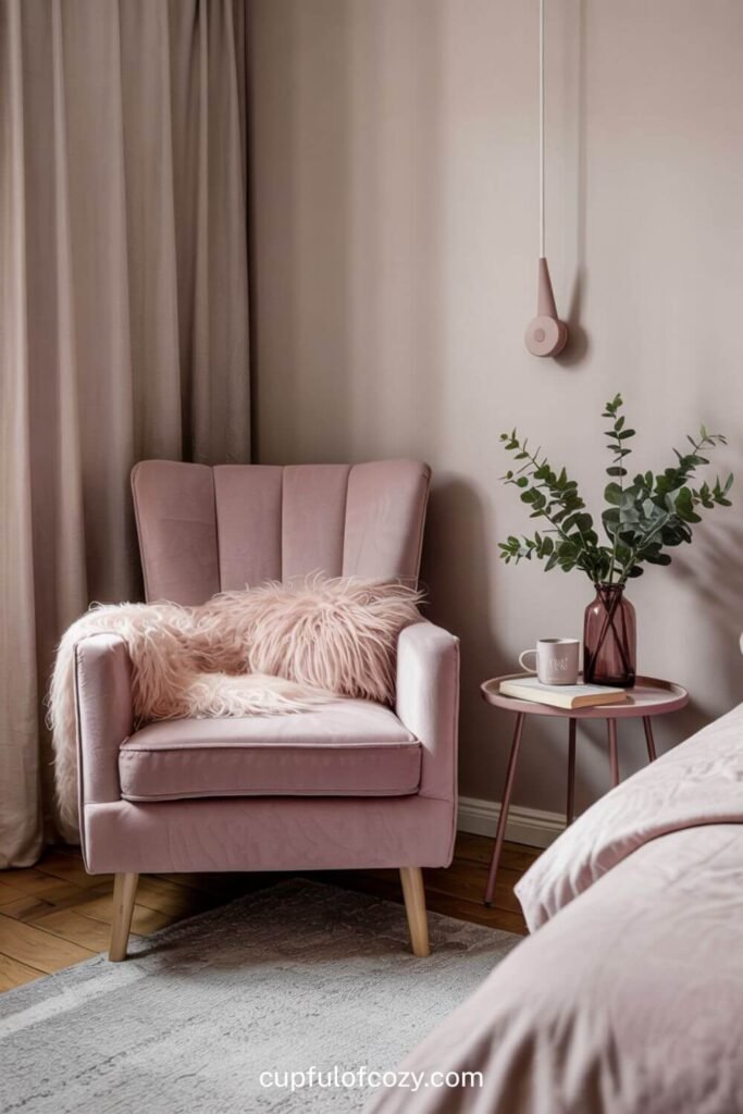 Dusty Pink Velvet Reading Chair with Sheepskin