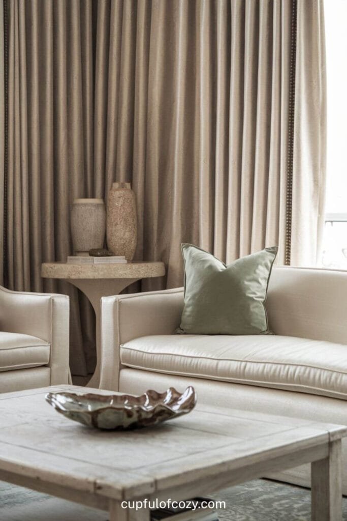 Elegant Beige Coastal Living Room with Silky Accents