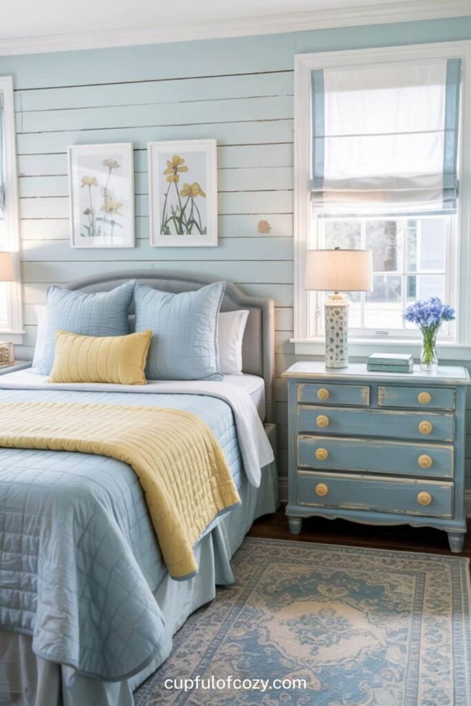 Farmhouse Light Blue and Pale Yellow Bedroom