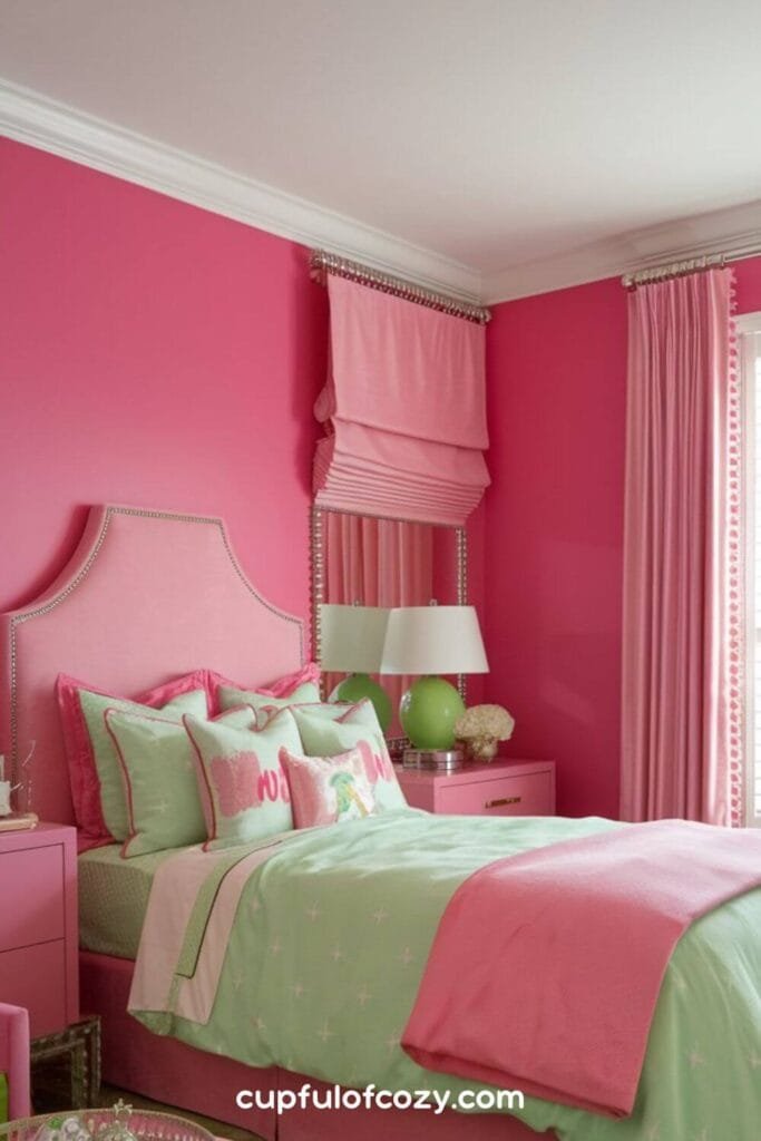 Flamingo Pink and Mint Coastal Glam Bedroom