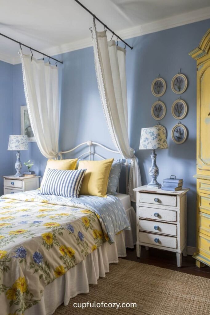 French Country Light Blue and Pale Yellow Bedroom