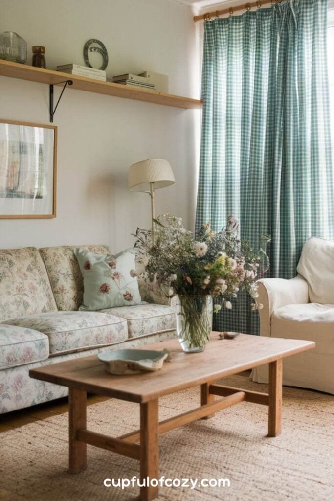 Gingham Curtains and Oak Shelves