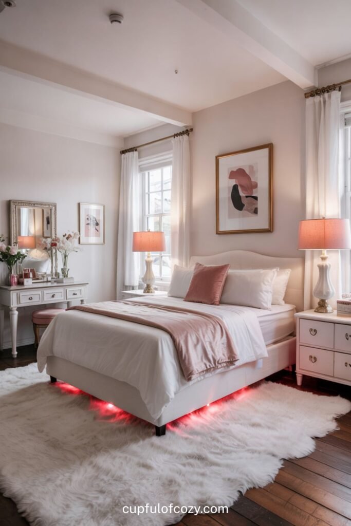 Glamorous White Bedroom With Pink Lighting