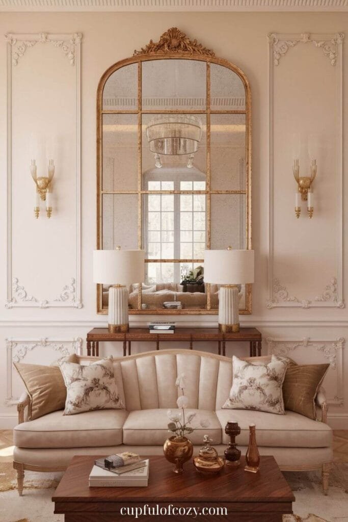 Gold-Trimmed Mirror Living Room