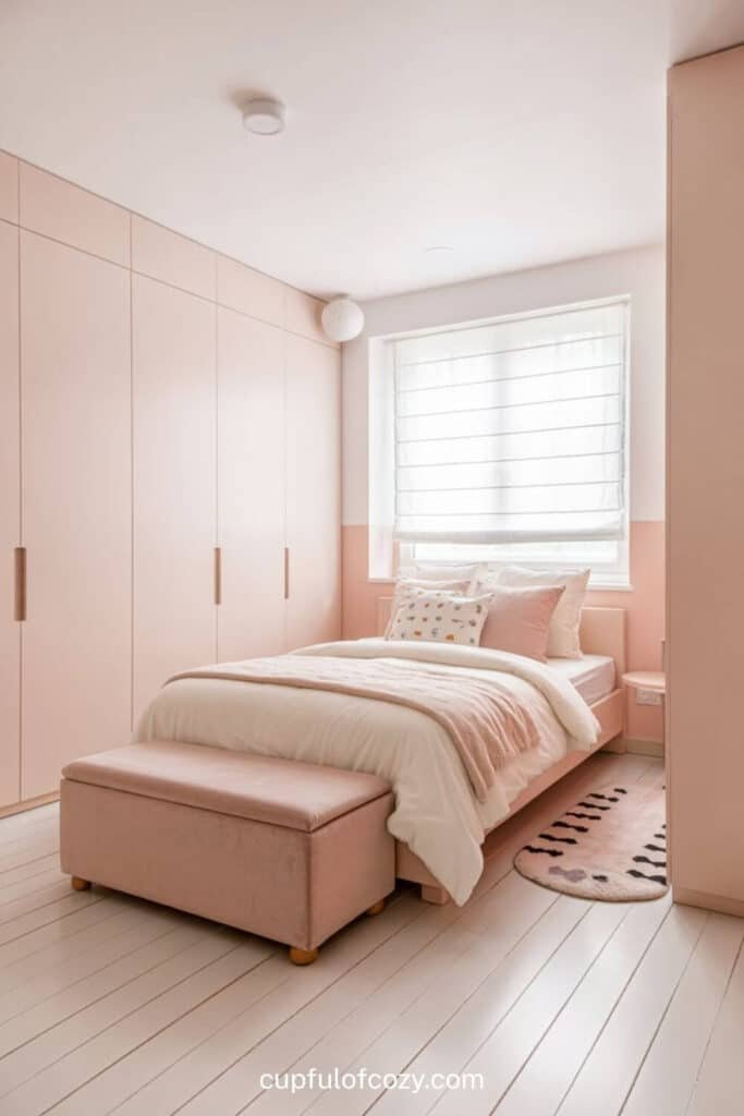 Hidden Storage Benches in Pink Wool Upholstery