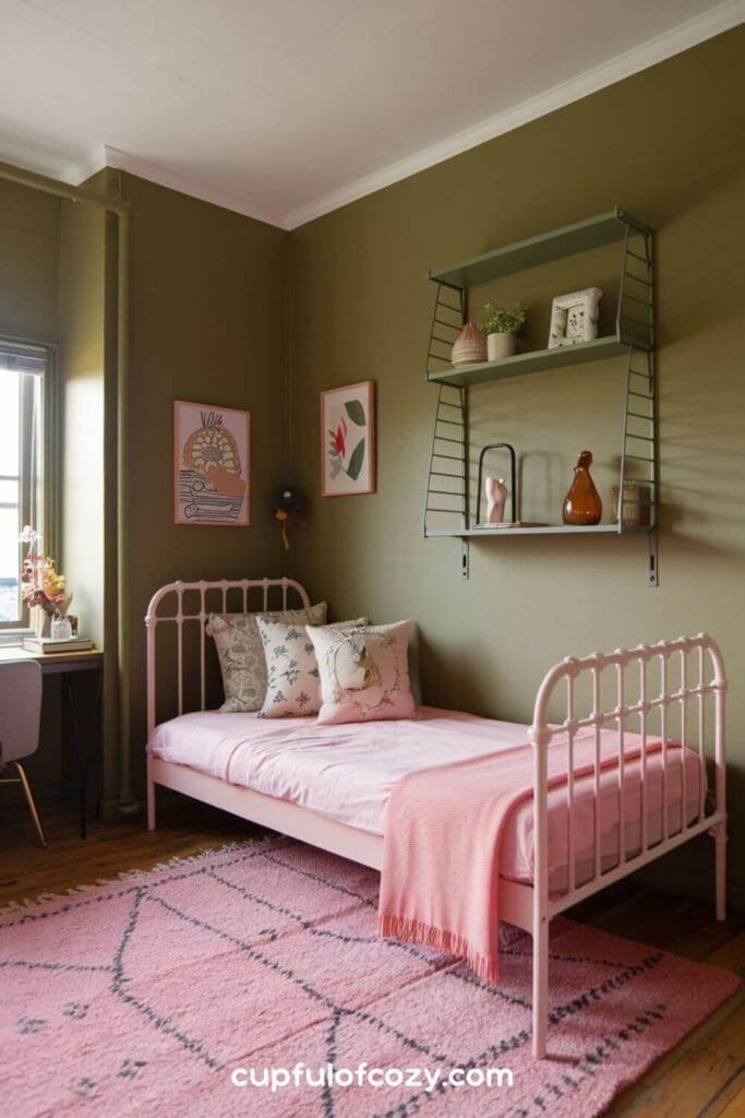 Hot Pink and Olive Green Tropical Loft Bedroom