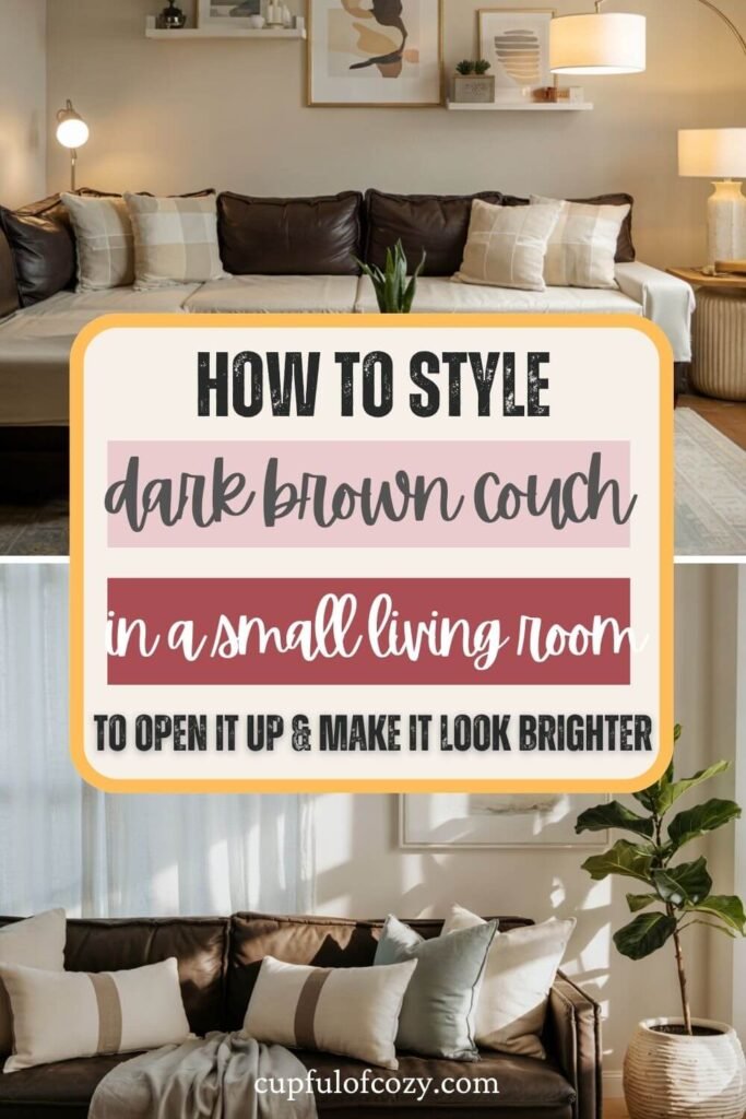 How to Modernize a Traditional Dark Brown Couch in a Small Living Room to Open It Up & Make It Look Brighter