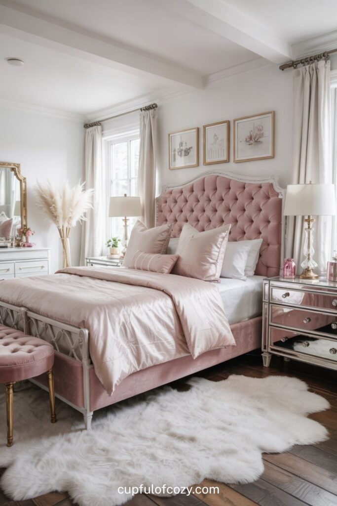 Luxe Pink Velvet Headboard Against Crisp White Walls (2)