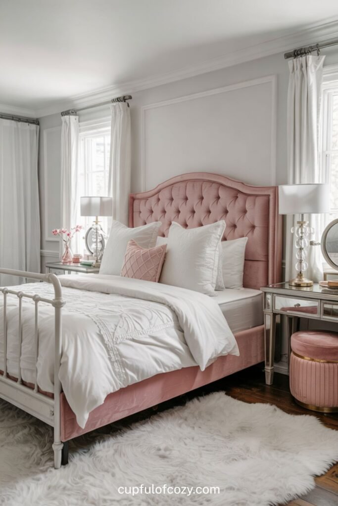 Luxe Pink Velvet Headboard Against Crisp White Walls (2)