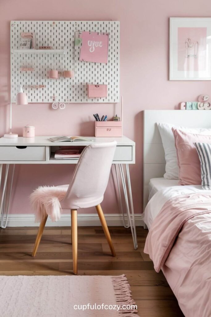 Minimalist Pink Desk Nook with White Pegboard