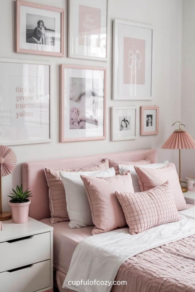 Minimalist Pink and White Gallery Wall with Mixed Frames