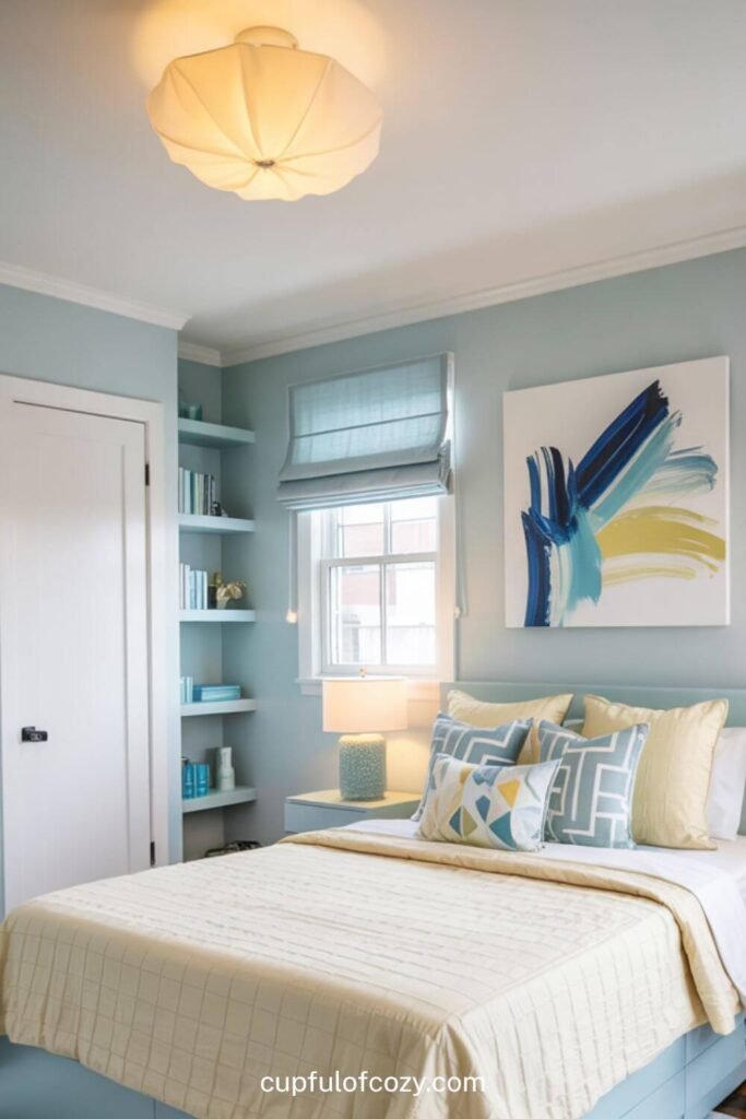 Modern Minimalist Light Blue and Pale Yellow Bedroom