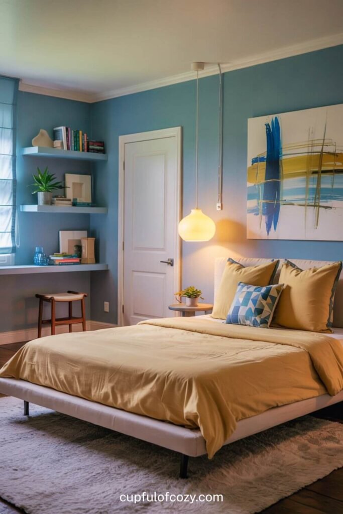 Modern Minimalist Light Blue and Pale Yellow Bedroom