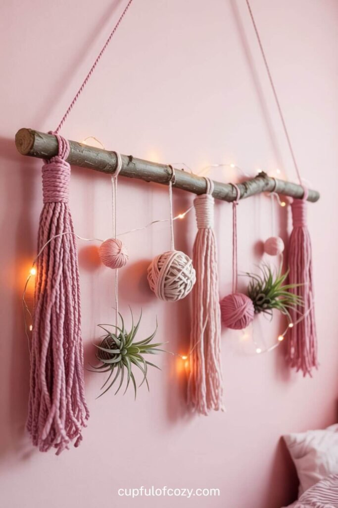 Natural Branch Wall Hanging with Pink Yarn Details (2)