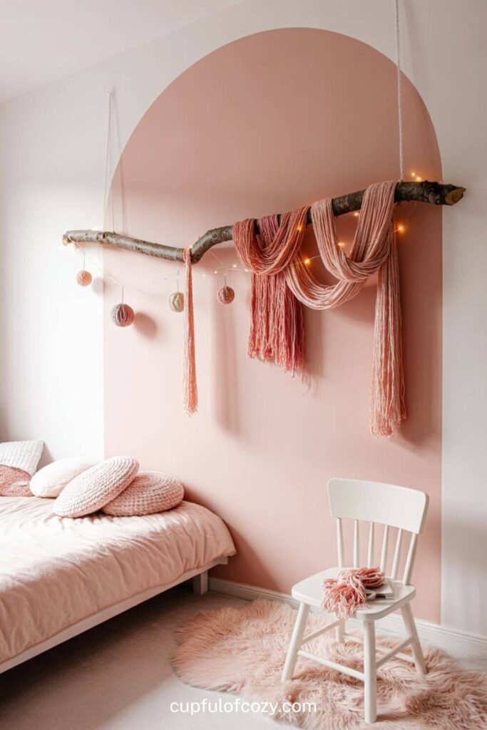 Natural Branch Wall Hanging with Pink Yarn Details (2)