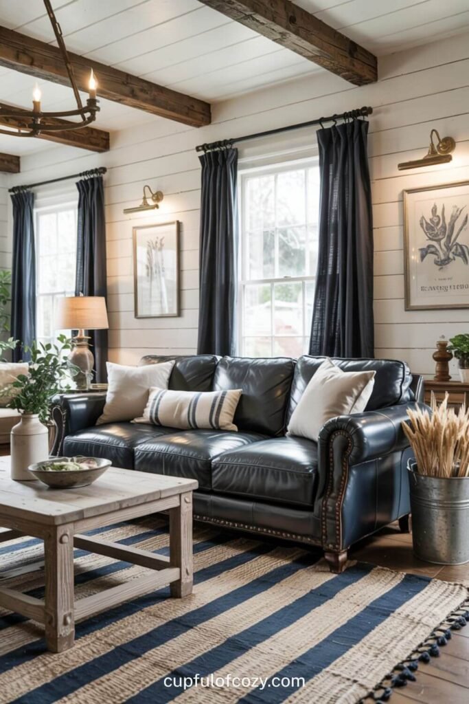 Navy Blue Leather Sofa_ Rustic Sophistication