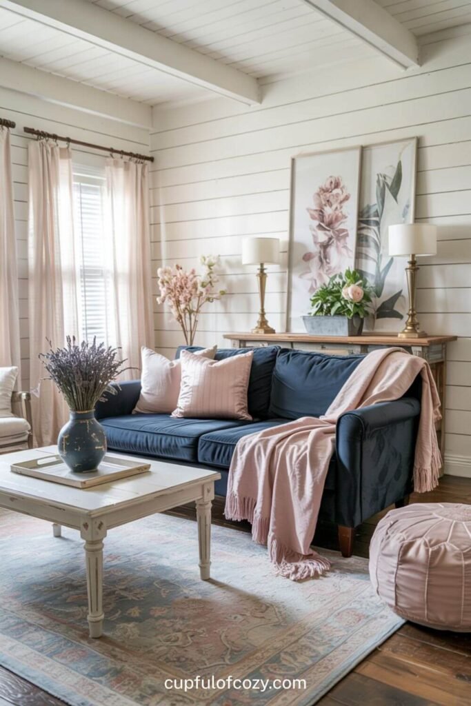 Navy Blue Sofa + Blush Pink_ Feminine Farmhouse