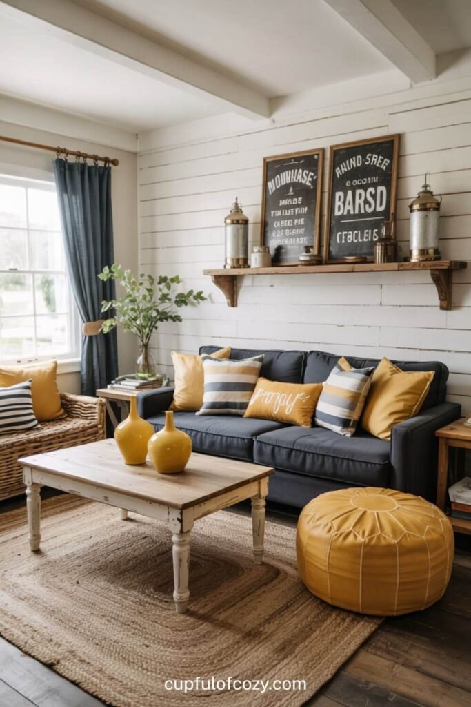 Navy Blue Sofa + Mustard Yellow_ Sunshine Happiness