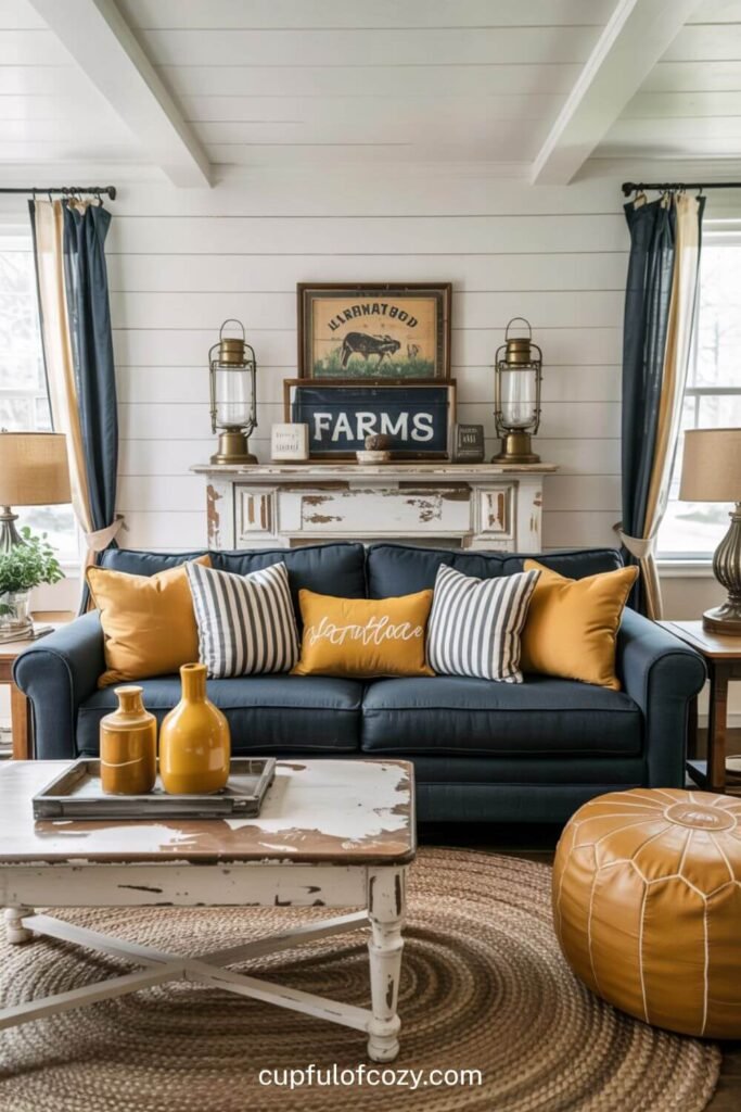 Navy Blue Sofa + Mustard Yellow_ Sunshine Happiness