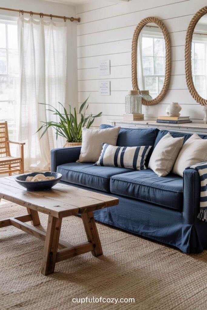 Navy Blue Sofa + Natural Linens_ Coastal Farmhouse