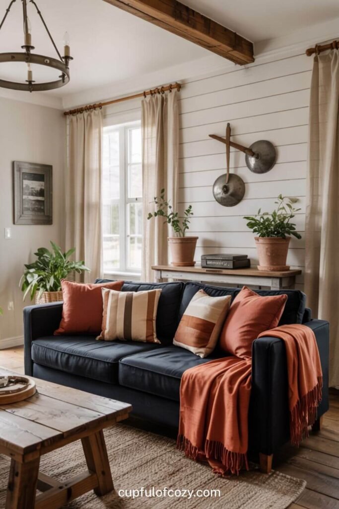 Navy Blue Sofa + Warm Terracotta_ Earthy Elegance