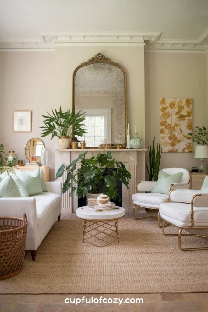 Ornate Mirror and Linen Upholstery