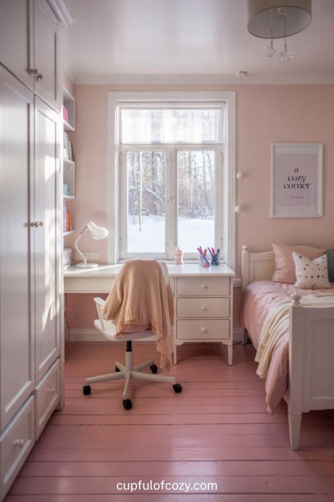 Pale Pink Painted Wooden Floor with White Furniture (2)