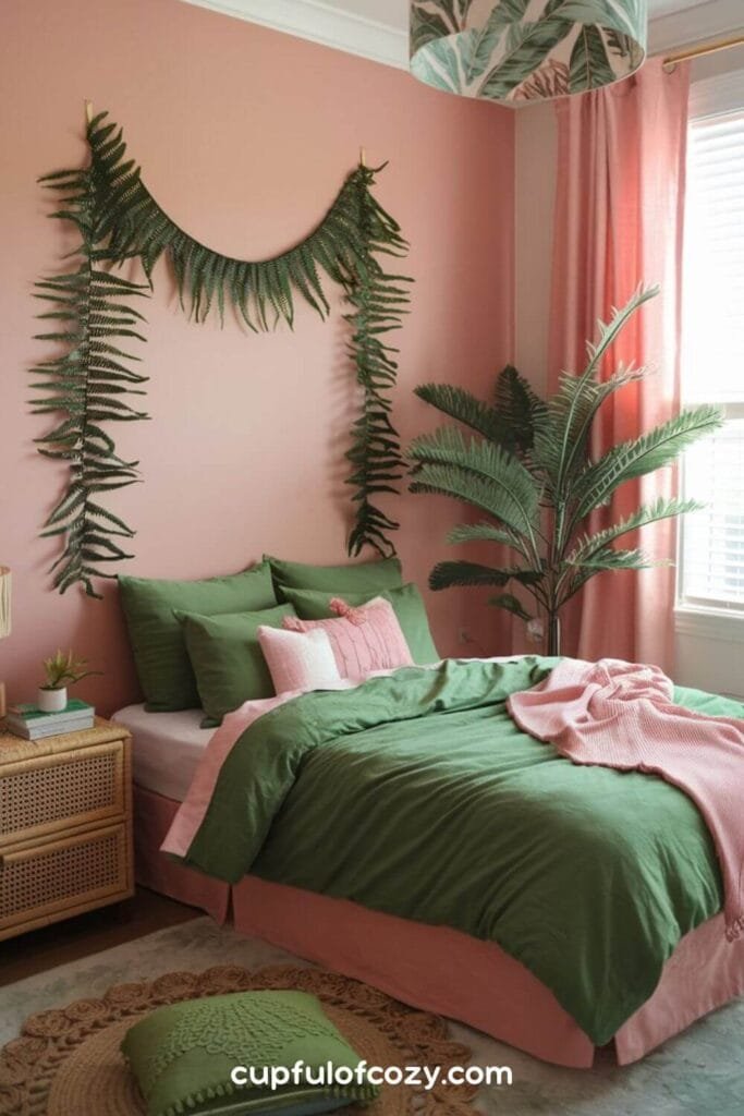 Peachy Pink and Emerald Fern Nook Bedroom
